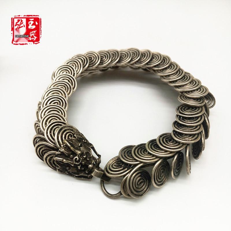 Unisex Ethnic Tibetan Silver Dragon Head Bracelet, Handmade Gift