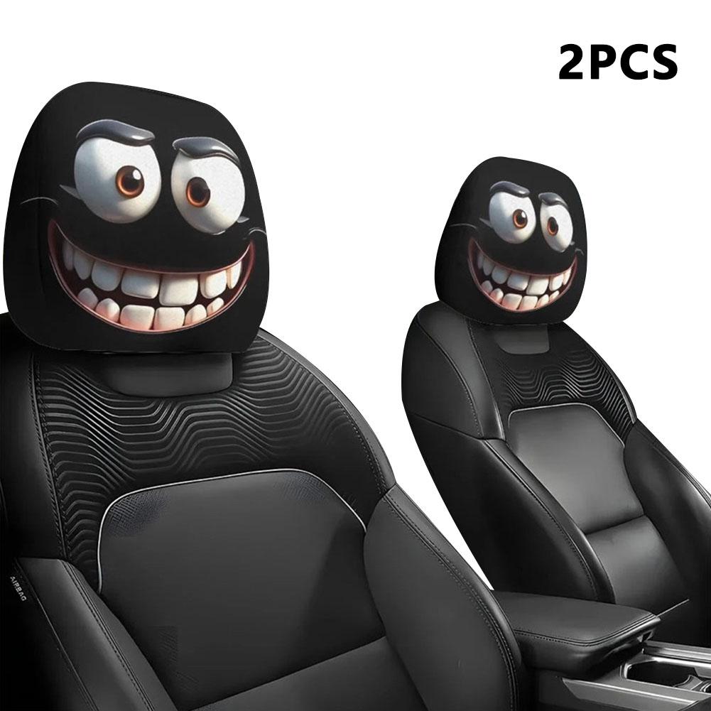 2pcs Horror Smiley Face Printed Car Pillowcase Soft Comfortable Decor Cushion Cover Universal Fun Head Cover Seat Protector