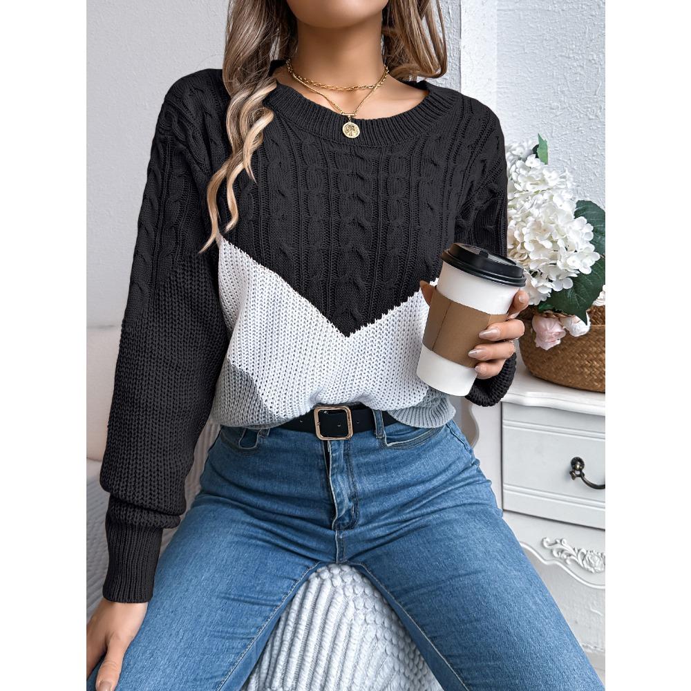 Women's Autumn/Winter Sweatshirt-Style Casual Colour-Block Cable-Knit Bell-Sleeve Pullover Loose-Fit Knitted Top for Ladies