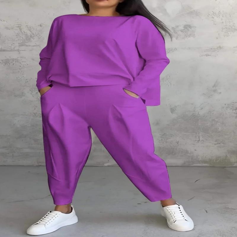 Women's Trousers Suit O-neck Long Sleeve Loose T-shirt Solid Color Trousers Pocket Simple 2-piece Set Loungewear