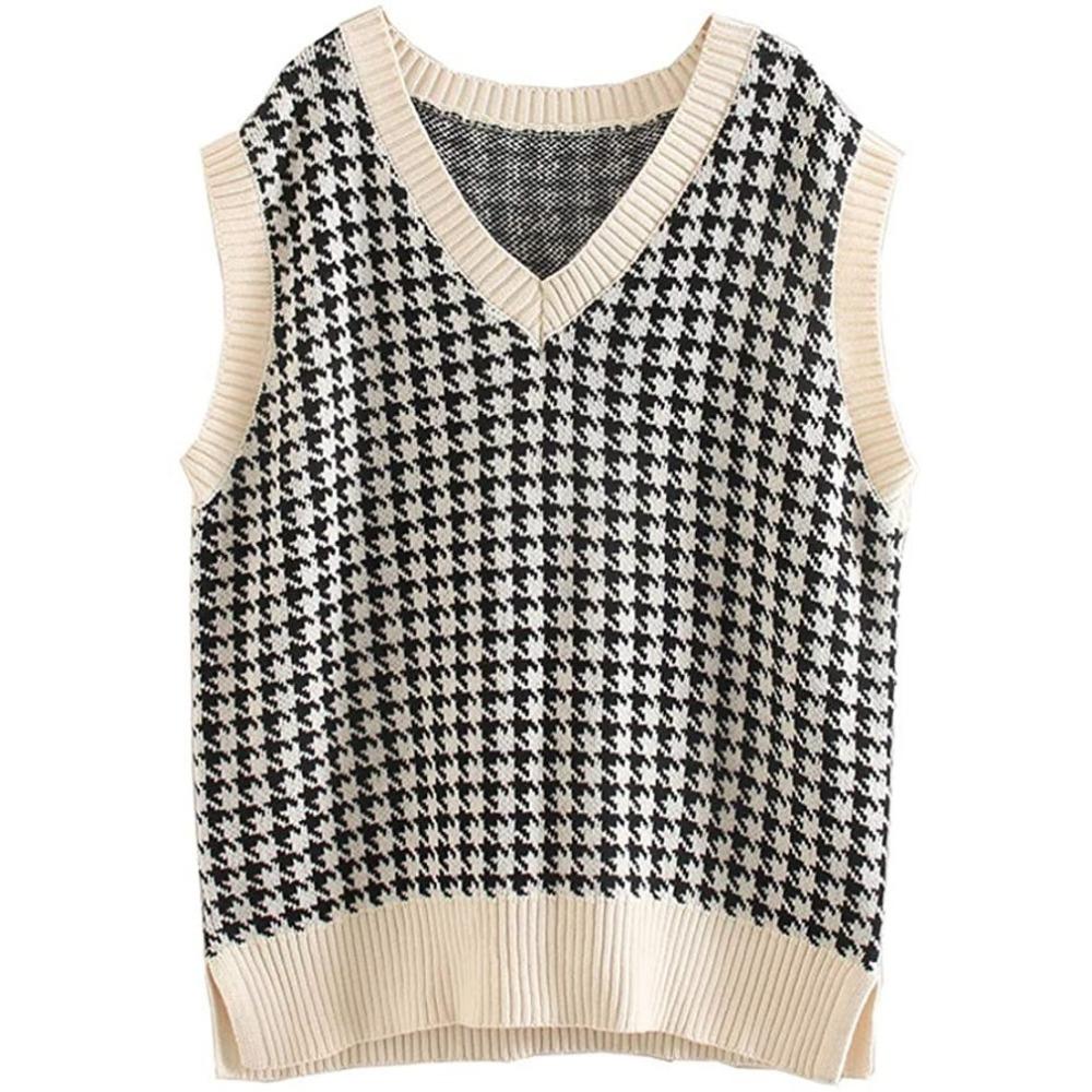 Loose Knitted Vest Sweater Women Sleeveless Thick Vintage Sweater Vest Female Waistcoat Chic Tops  Houndstooth Women Clothing
