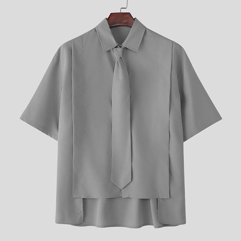 

INCERUN Men Tie Lapel Neck Short Sleeve Buttons Irregular Casual Oversized Shirts 4XL