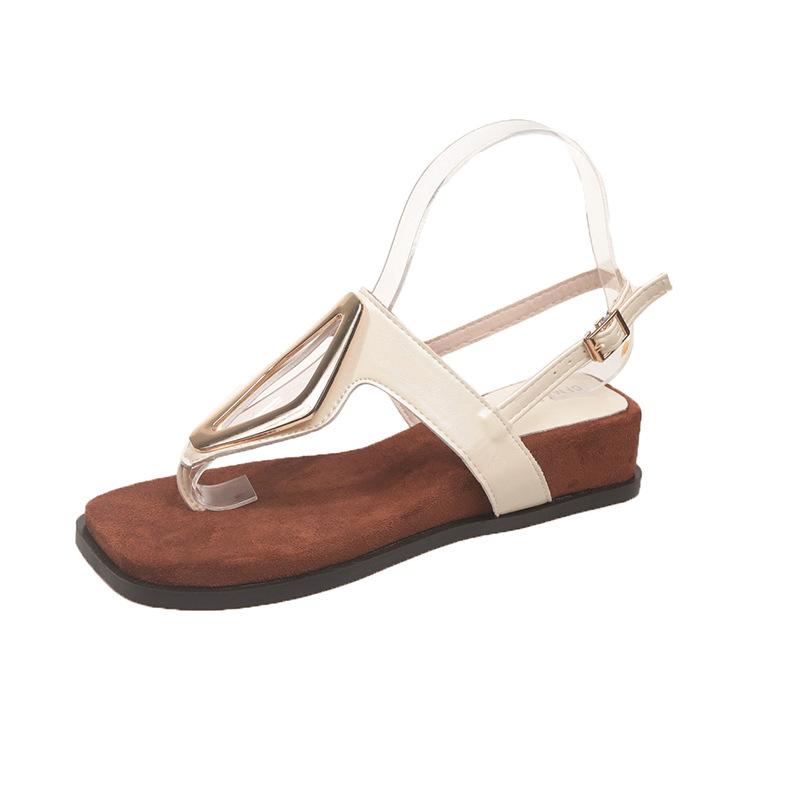

French casual wedge sandals retro style metal square buckle foot cold slippers summer wear women s toe sandals 35