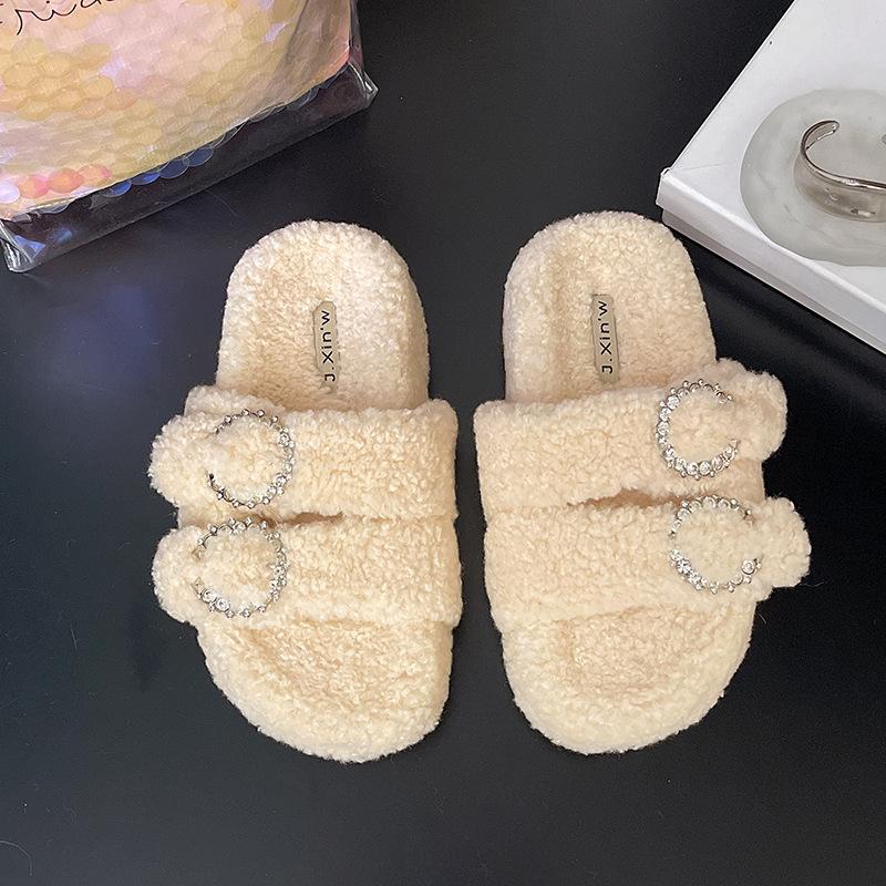 

Женские тапочки из овечьей шерсти на толстой подошве, новые осенние 2025 года, повседневные тапочки на платформе с открытым носком для женщин 40 бежевый