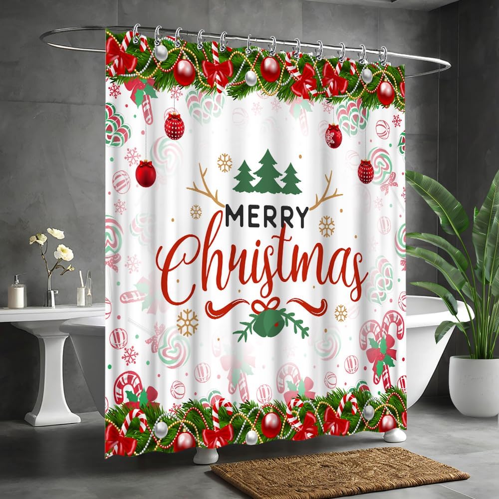 Candy Cane Xmas Tree Snowflakes Shower Curtain , Waterproof Winter Christmas Party Bathroom Decorations