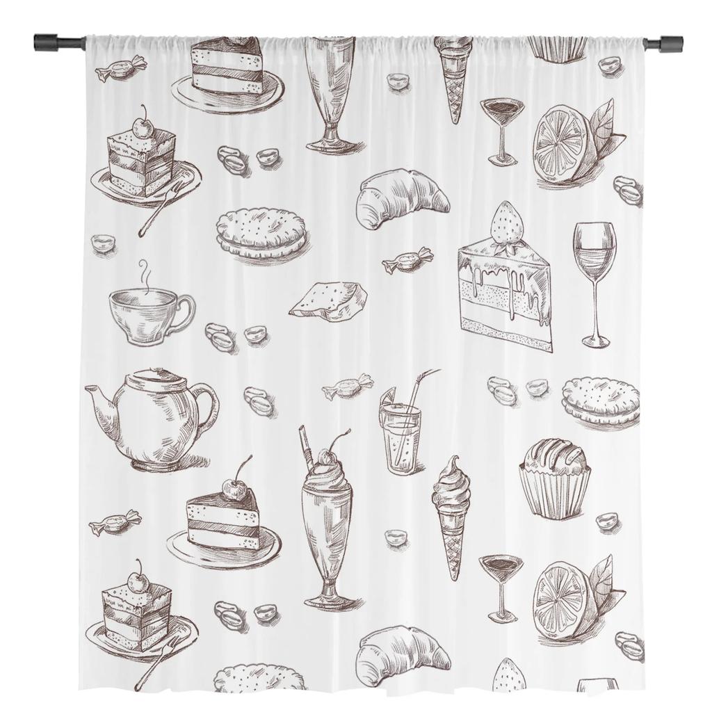 Afternoon Tea Cake Dessert White Curtain Living Room Home Kitchen Bedroom Window Decor Chiffon Tulle Voile Curtains With Light Filtering Polyester