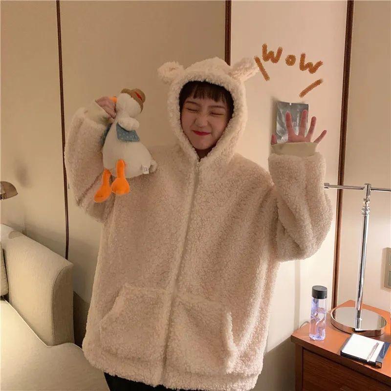 Felpa con cappuccio da donna Harajuku Kawaii con cerniera Felpa da donna Rana giapponese Spessa cappotti di lana d'agnello oversize Tendenza abiti invernali caldi