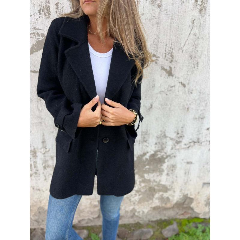 Women S Casual Loose Fit Wool Blend Coat Lapel Fake Pocket Open Front