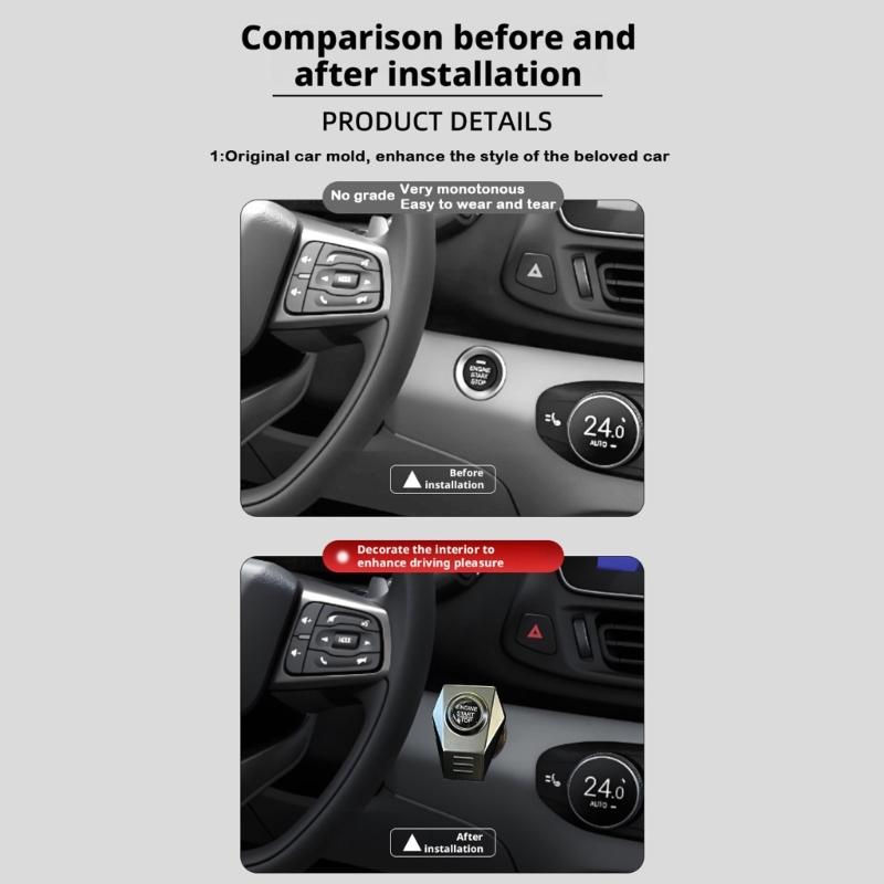 Engine Start Stop Button Cover Metal Interior Accent, Stick On Trim Frame for a Finished Dashboard Style in Cars
