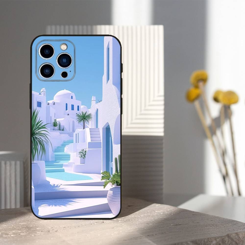 Painted Art House Scenery Case For iPhone 15,16,12,14,17,13,11,Plus,Pro Max,8,7,XR,SE,XS,X,Mini,Soft Silicone Black