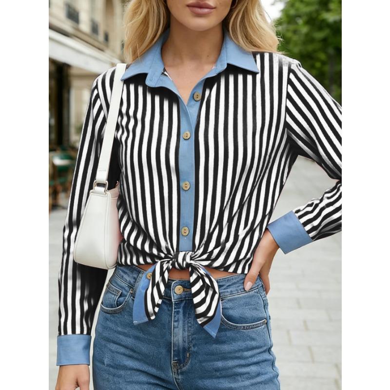 Women Color Block Stripe Splicing Loose Long Sleeve Collared Shirt