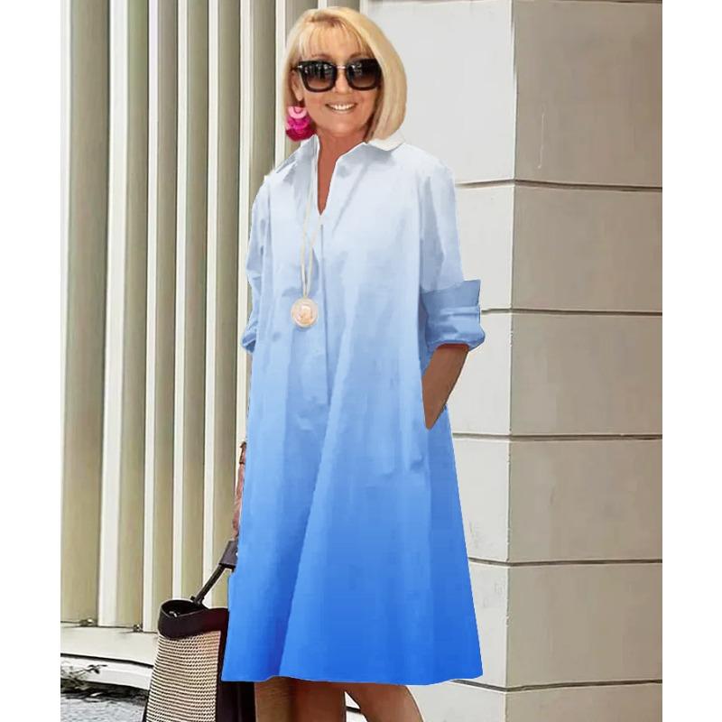 Novos produtos de outono, camisa com gola estampada de bolinhas de temperamento fashion, manga comprida, vestido médio e longo