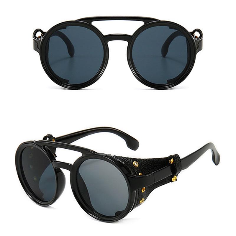 

Steampunk Sun Glasses Men Women Classic Sun Glasses With Side Leather Round Eyewears Punk UV400 Lens
