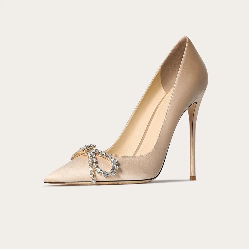 2024 New Hot-selling Solid Color Women's Shoes with Pointed Toe and Stiletto Heels and Slip-ons with Rhinestone Bow Decoration