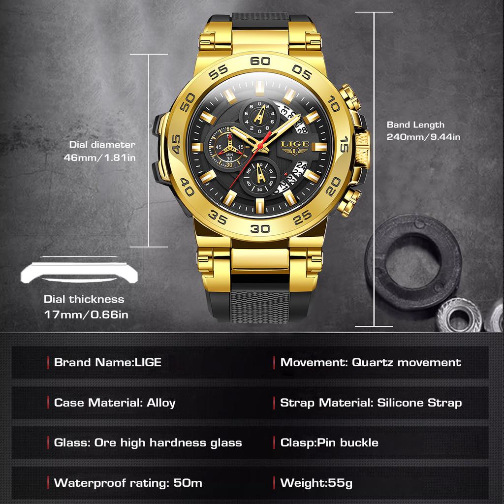 LIGE Men's Digital Wristwatch Casual Business Waterproof Luminous Watches For Men Military Quartz Chronograph Big Dig Watch Men