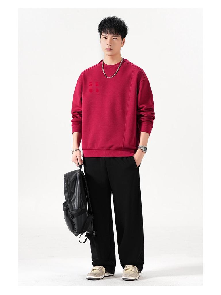 Men's Autumn Heavyweight Minimalist Double-Layer Collar Sweatshirt - Japanese Style, Spliced Round Neck, Trendy Loose Fit