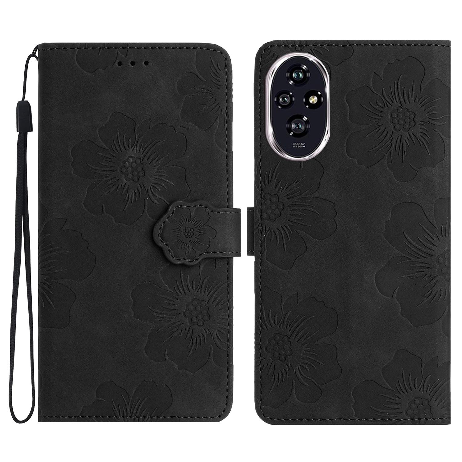 

For Honor 200 5G Case Flower Design Leather Wallet Phone Cover with Wrist Strap A
