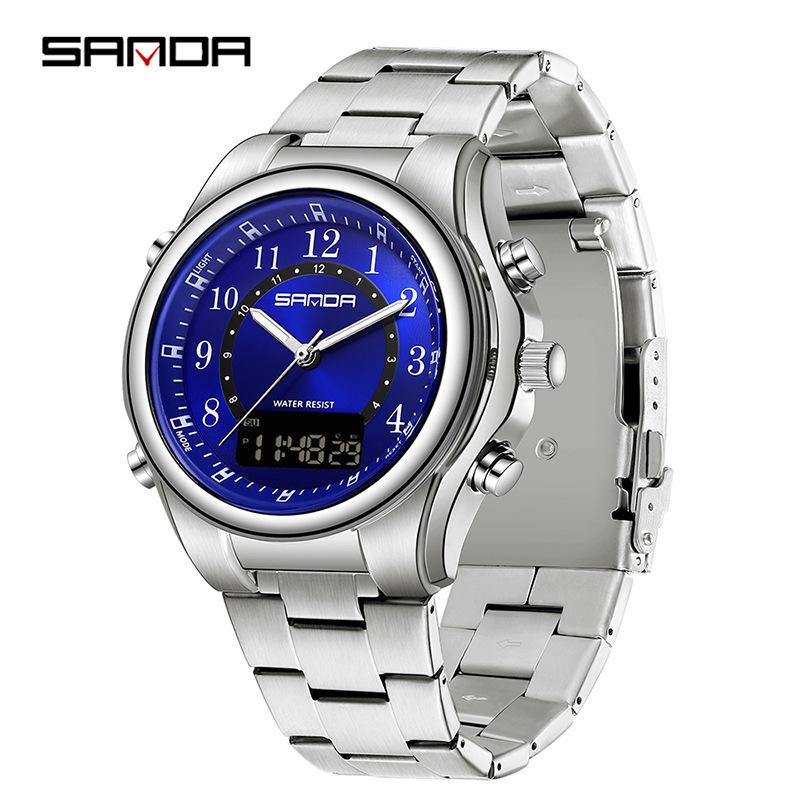Sanda Men's Multi-Functional Watch: Dual Display, Luminous, Waterproof, Steel & Leather Straps, Casual & Business Style
