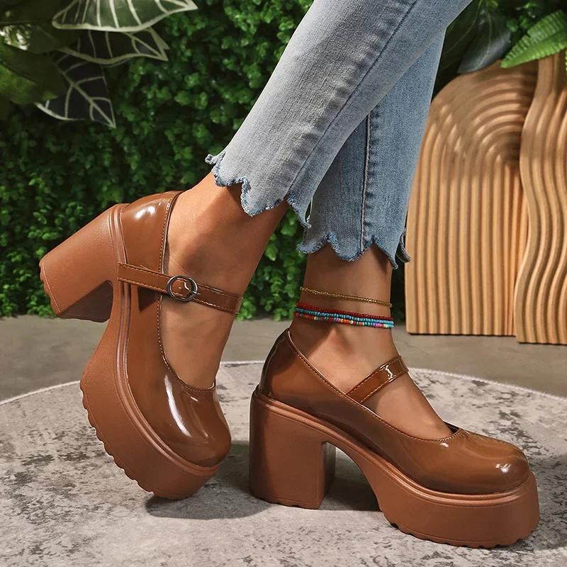 Fashion Brown Super High Heels Mary Jane Shoes for Women 2025 Fashion Chunky Platform Pumps Woman Patent Leather Ankle Strap Party Shoes