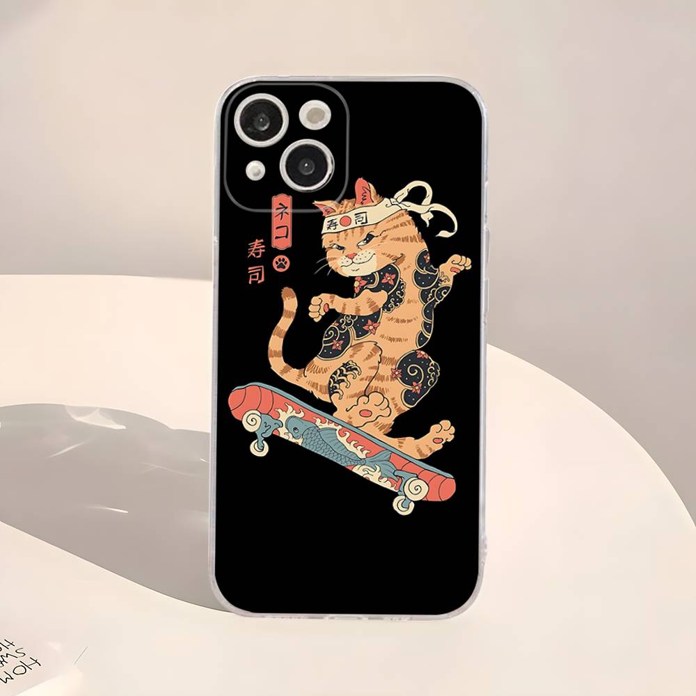 Japanese Samurai Cat Ramen Transparent Phone Case For IPhone 16 15 14 13 12 11 Pro Max Plus Soft Cover