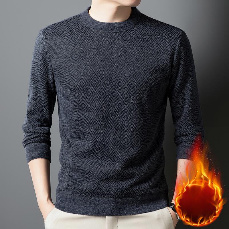 

Уютный мужской трикотажный свитер с флисовой подкладкой - повседневный полосатый свитер с круглым вырезом, длинными рукавами для осени/зимы, осень-зима, мужской свитер 3XL темно-синий