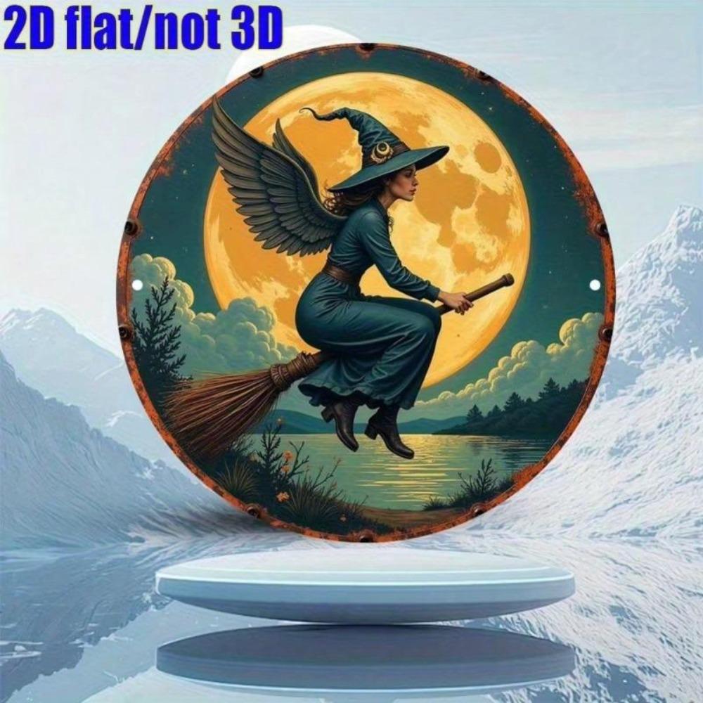 Magic Winged Witch Metal Round Sign Vintage 2D Flat Wall Decor 7.8x7.8 Inch Waterproof Aluminum Art Home Garden Cafe Bar Decor