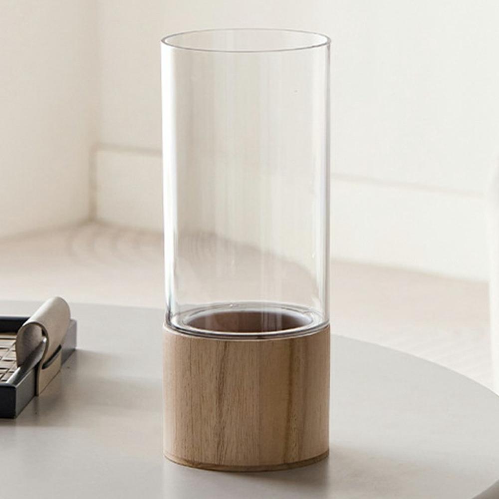 

10x25cm Minimalist Flower Vase with Wooden Base PET Transparent Cylinder Vase Living Room Decoration A
