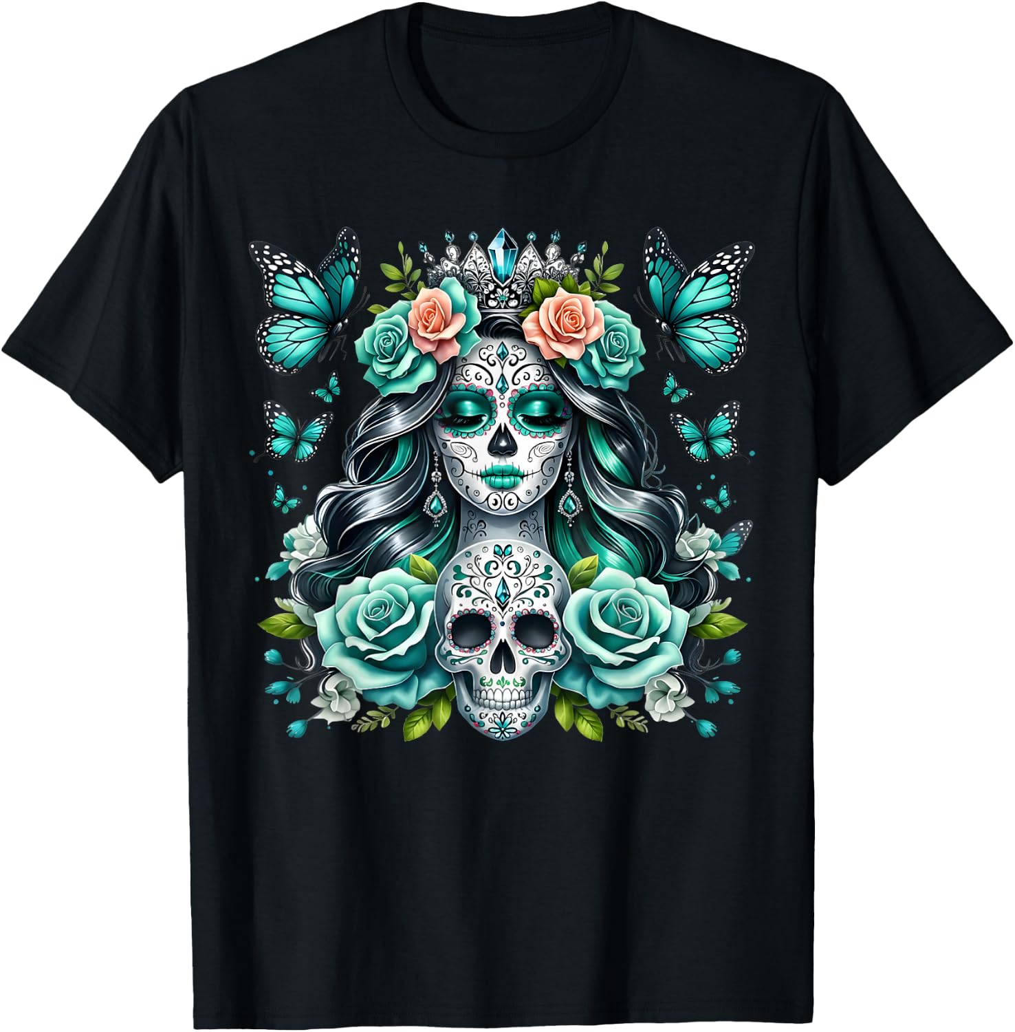 De Los Muertos La Catrina Day of The Dead Floral Sugar Skull T-Shirt L