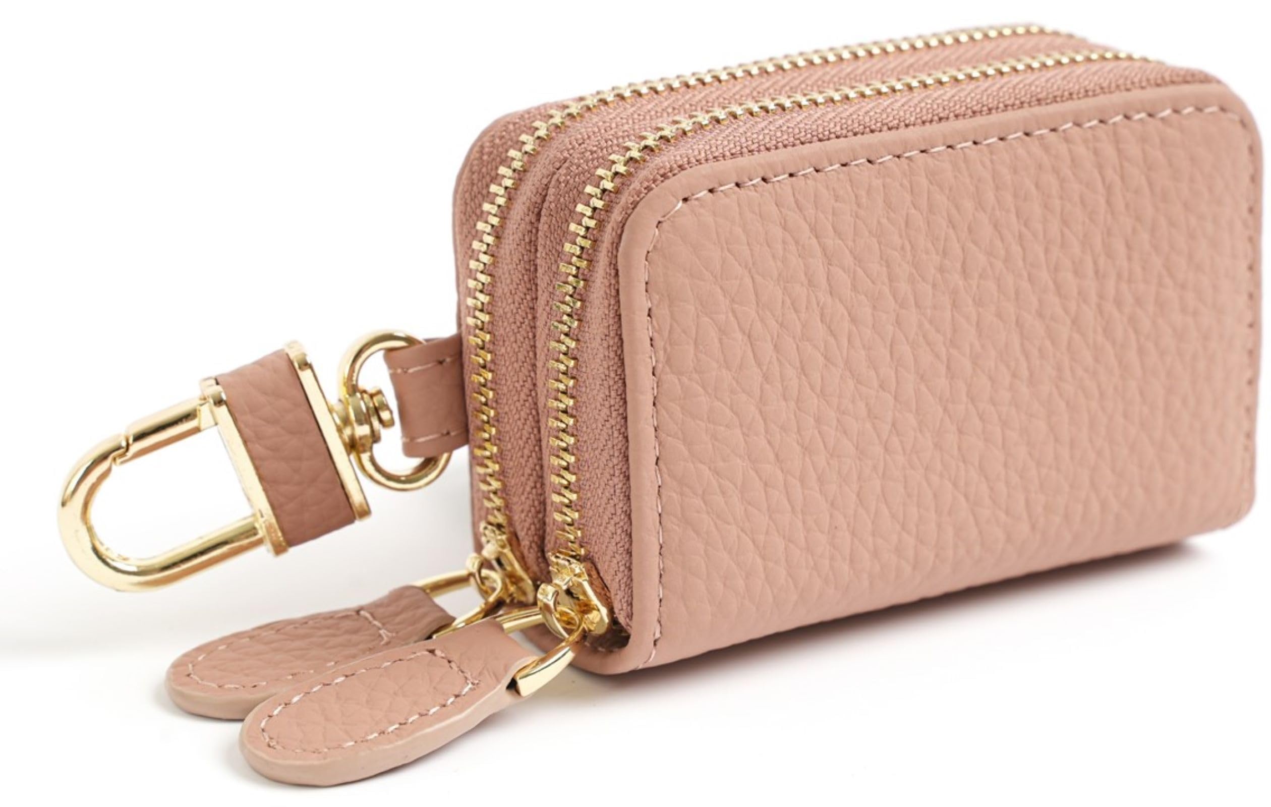 

YuHaru Women s Genuine Leather Smart Key Case with Two-Room Car Key Case, Carabiner and Key Ring, Compact, Large Capacity, Gift, Dusty Pink