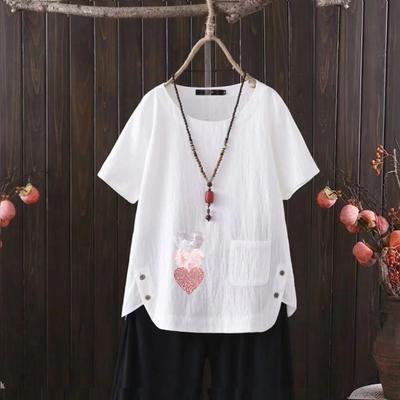 Grunge Style Linen Shirt, Women's Summer Graphic Tee, Distressed Vintage Print Short Sleeve, S-4XL