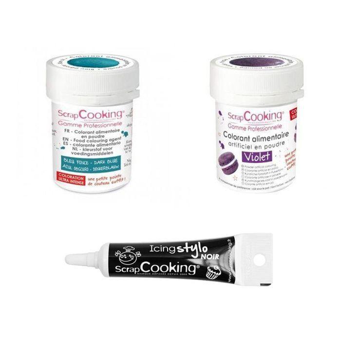 2 colorants alimentaires violet-bleu foncé + Stylo glaçage noir