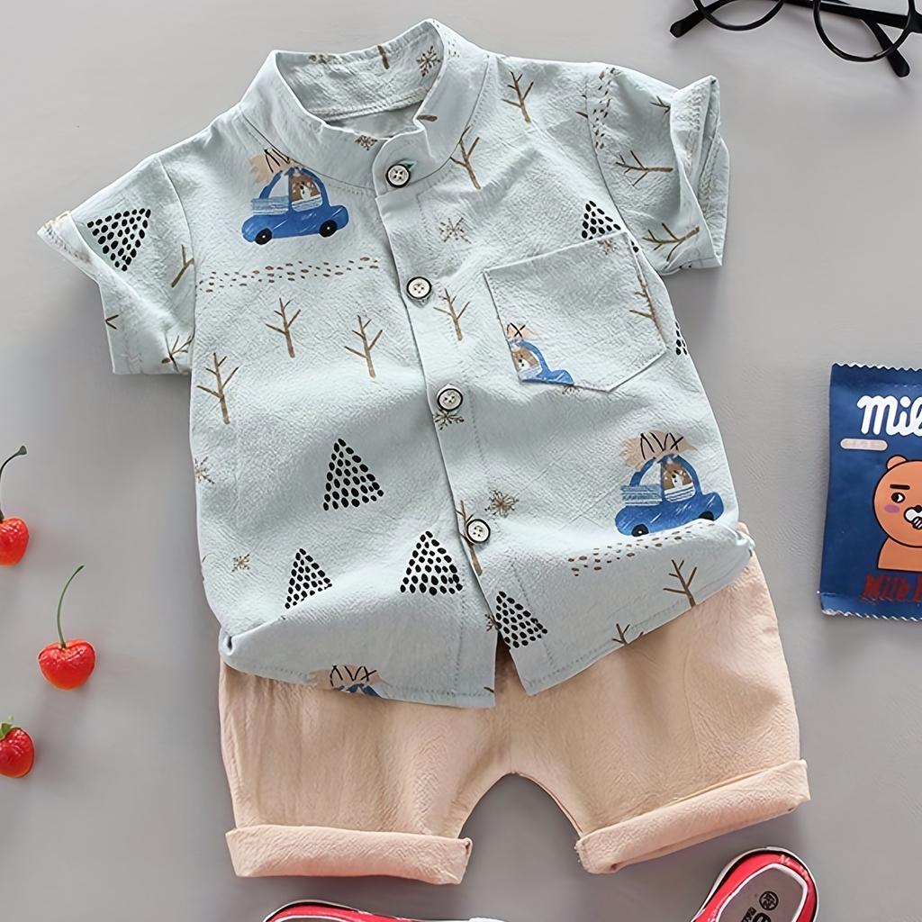 Infant and Toddler Summer Full Print Bear Driving Pattern Short Sleeved Shorts Set for Outdoor Standing Collar Shirt Fashion Two