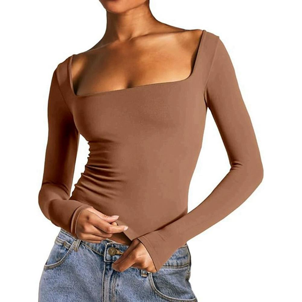 Women's Solid Color Square Collar Top,Slim Long-sleeved Top
