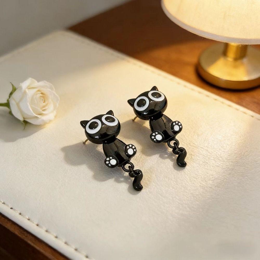 Sweet Black Cat Drop Earrings Alloy Light Luxury Earrings Black Kitten Earrings  For Girl Women