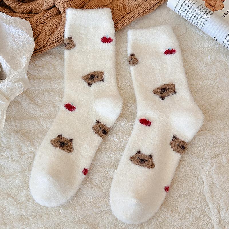 Australian Velvet Socks Medium Tube Socks Season Warm Velvet Thickened Embroidery Cute Cartoon Striped Home Sleep Socks