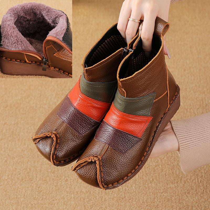 

Johnature Ethnic Style Mixed Colors Genuine Leather Wedges Short Boots Warm Comfortable Women s Cotton Shoes 41-Plush