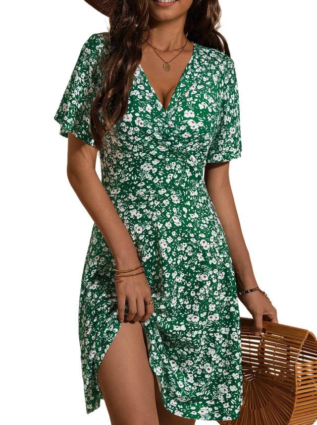 Summer Floral Short Sleeve Wrap V-Neck A Line Midi Dress