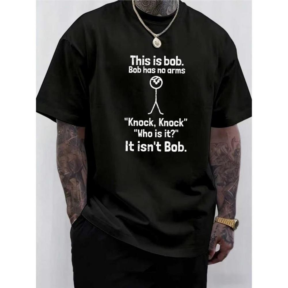 

European Size Men S _This Is Bob_ Knock Knock Joke Graphic Print Crew Neck T-Shirt _ Soft Medium-Stretch, Regular Fit, Comfortable and Versatile S чёрный