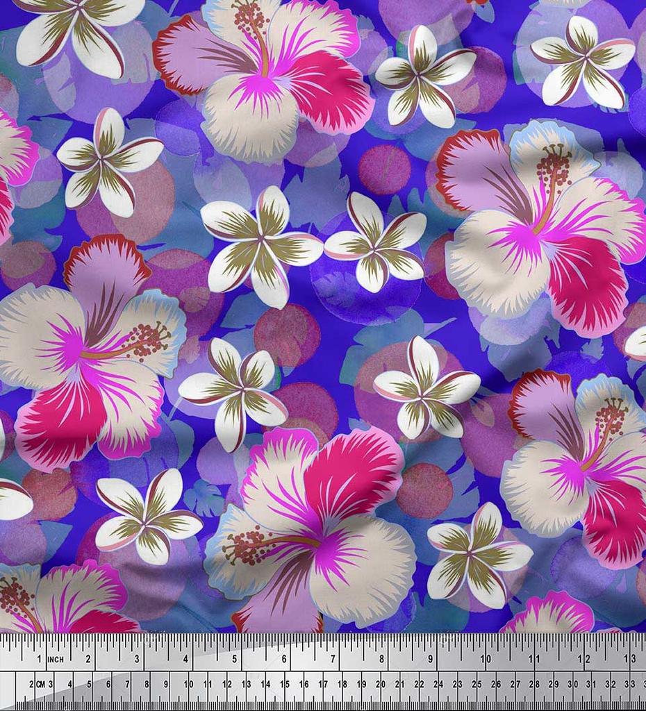 Soimoi Japan Crepe Satin Fabric Leaves & Plumeria Flower Decor Fabric Printed Metre 42 Inch