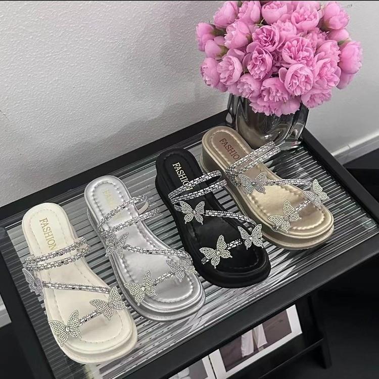 Fashion Women's Slippers Flat Beach Deluxe 2024 Rubber-soled Crystal Comfortable Platform Slippers Casual and Lightweight sandals women