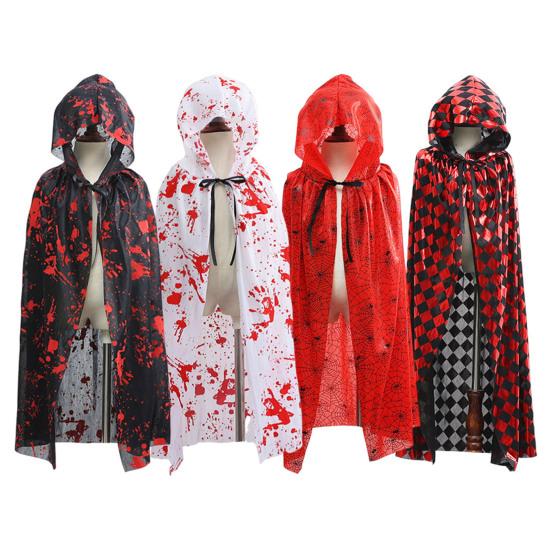 Halloween Cloak Long Hooded Cape with Blood Spider Web Print for Kids Adults Halloween Party Dress Up Accessory for Performance Cosplay Masquerade