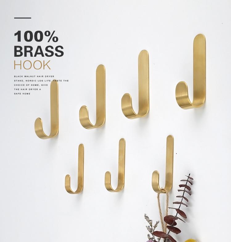 Nordic Style Pure Brass J-Shaped Adhesive Hook for Bathroom, Toilet, or Kitchen.