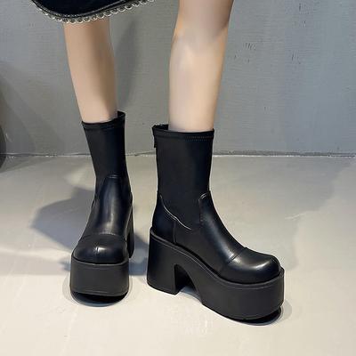 Fashion 9CM High Chunky Boots Fashion Lace-Up Thick-Heeled Thick-Soled Motorcycle Boots Waterproof Platform Rear Zipper Women's Shoes