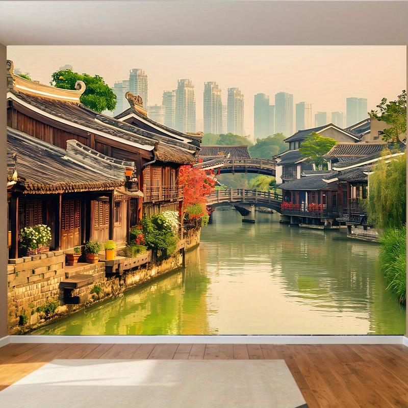 1 traditional Chinese water town background banner with vibrant canal landscape  red lanterns  and green plants 150X100