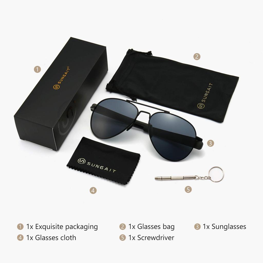 SUNGAIT Polarized Aviator Military UV400 Pilot Bayonet Temples SGT288HH JP Men's Sunglasses, Style, 100% Protection, (Black Frame/Gray Lenses)