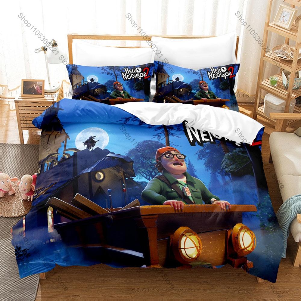 Strašidelný Mystery Hello Neighbor 2 Hra Potisk Povlak na peřinu + 2 Povlaky na polštář Měkké Mikrovlákno Teenagerovský Herní Pokoj Ložní prádlo