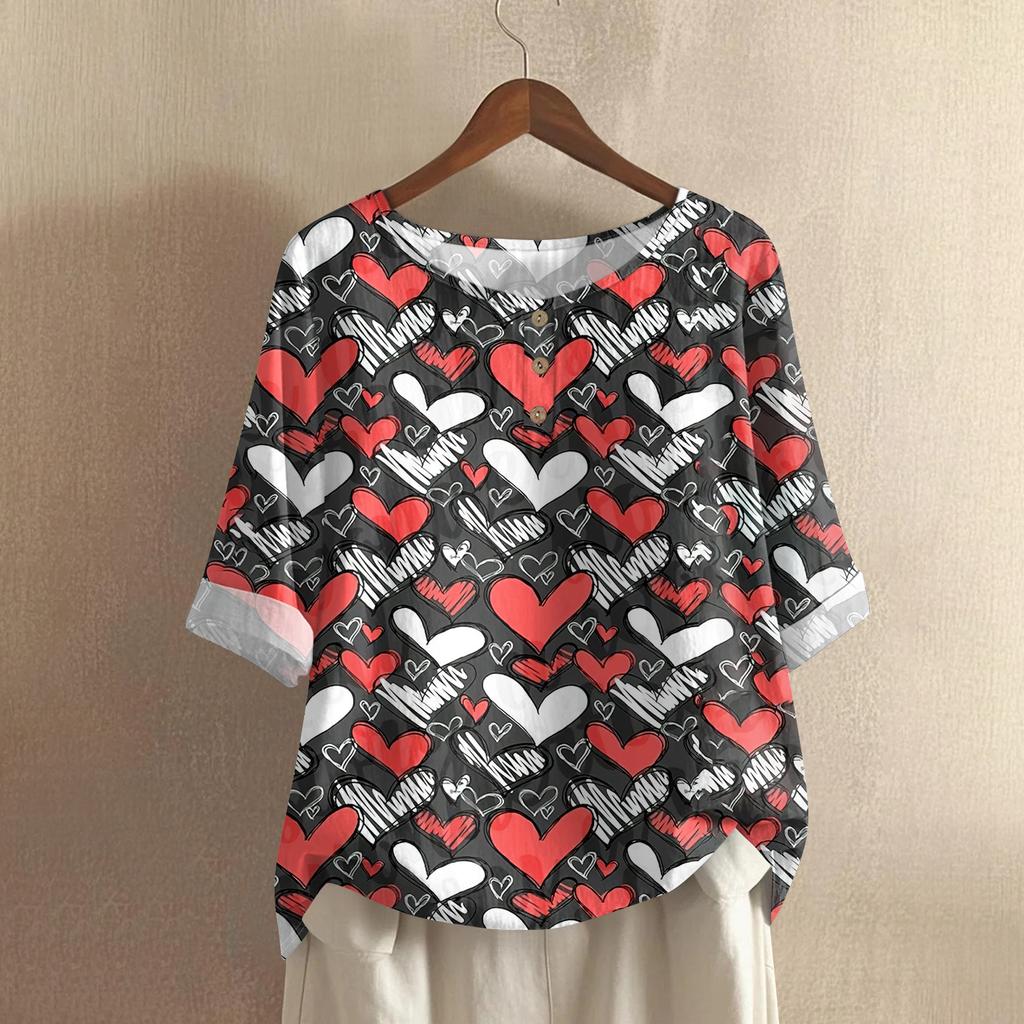 Damska Casualowa Bluzka z Krótkim Rękawem, Okrągłym Dekoltem i Nadrukiem Walentynkowym, Mieszanka Bawełny i Lnu