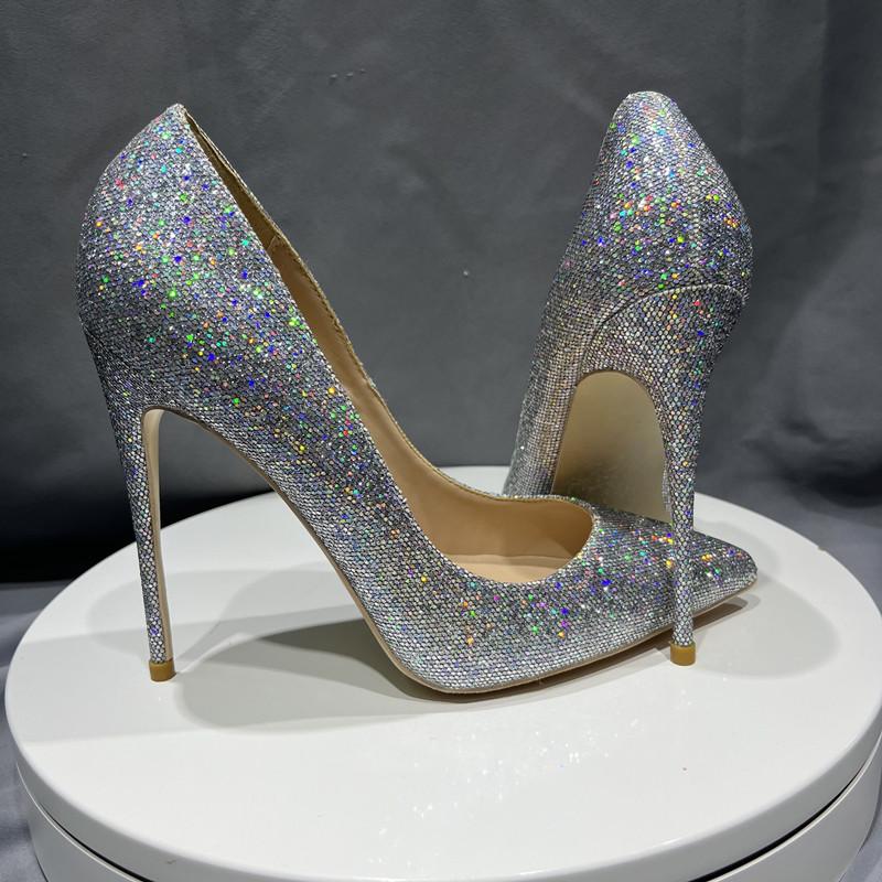 Bling Sliver Sequined Cloth 10cm Thin High Heels Slip On Women Pumps 2024 Wedding Party Shoes Woman Big Size 43 44 45