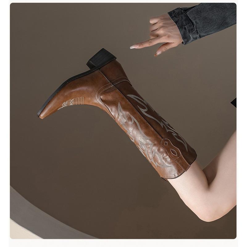 Stern gleiche V-Ausschnitt Western-Cowboystiefel dicker Absatz bestickte Ritterstiefel Retro große Größe Damenstiefel 41-43 dick mm