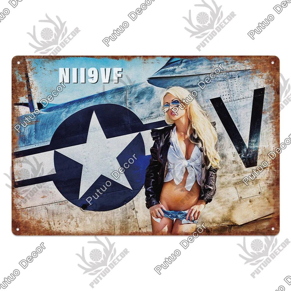 Putuo Decor Fighter Plane Vintage Tin Sign Plaque Metal Plate Retro Posters Wall Art Decoration for Garage Man Cave Pub Bar Club